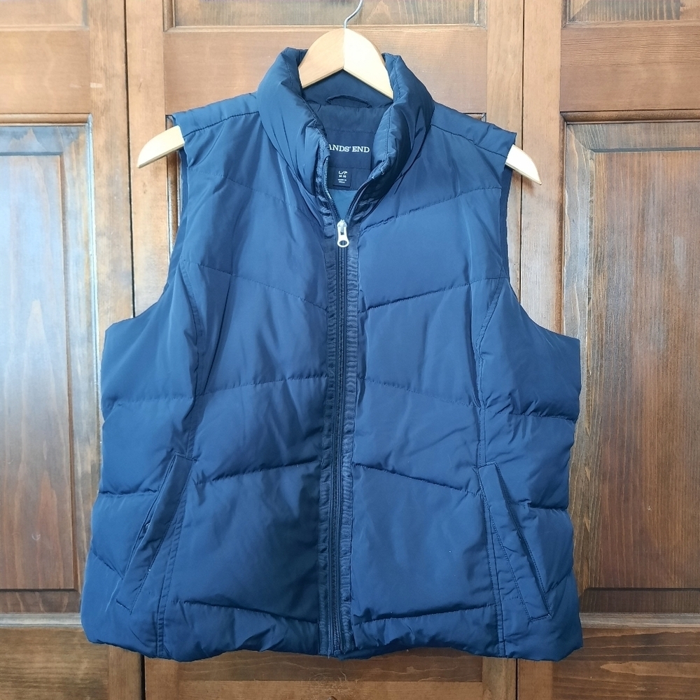 Lands' End Navy Blue Zip Front Down Feather Insulated Puffer Vest Size Large